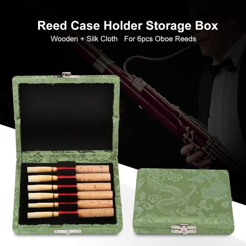 Chiffonade Oboe Reed Case with Wooden & Silk Cloth Cover Reed Storage Holder for 6pcs Oboe Reeds Maple Wooden(Green) - Image 3